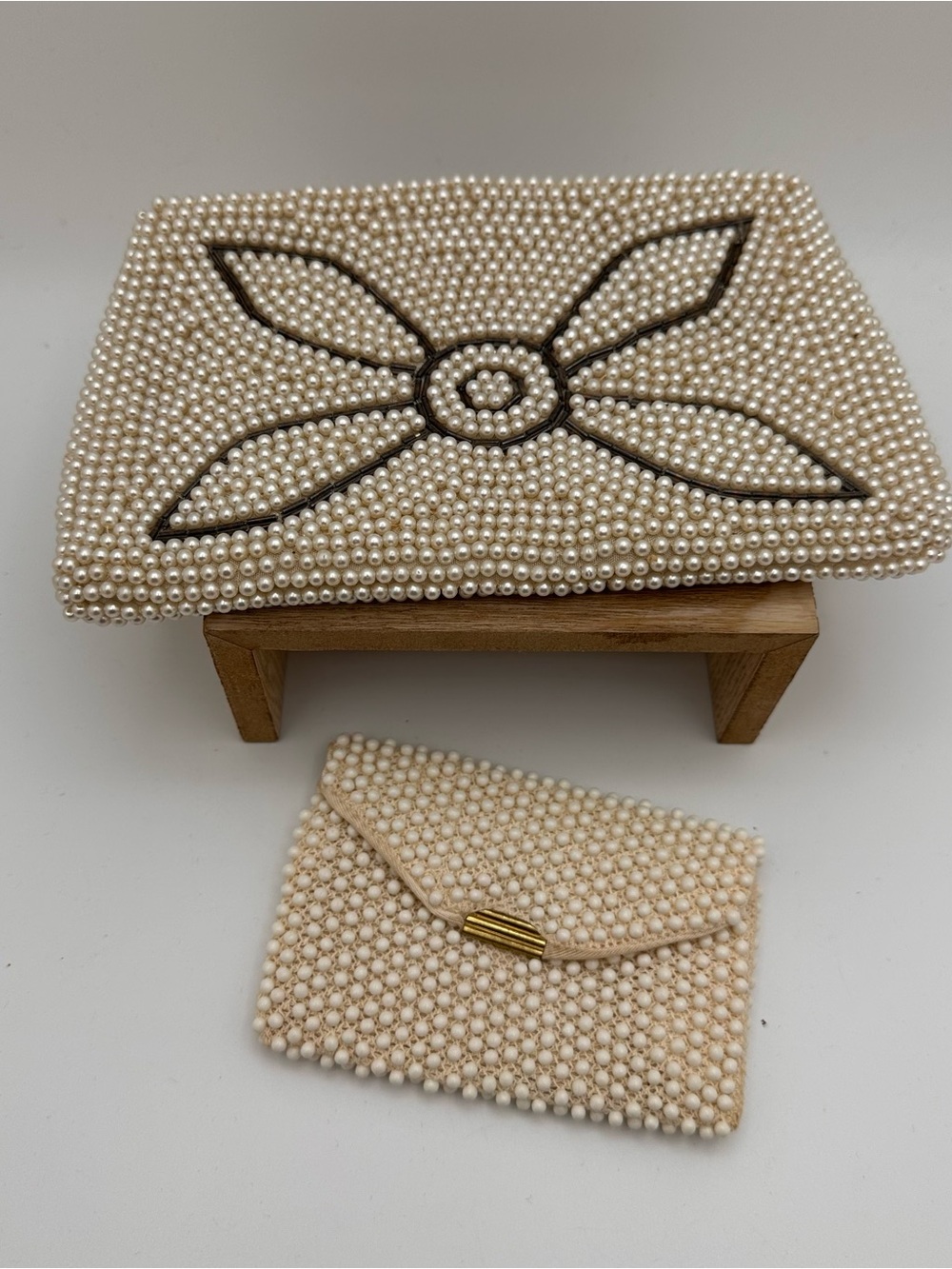 Vintage Pearl Beaded Clutch and Card Wallet Set - Cream